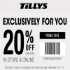 Coupon for: U.S. TILLYS printable coupon: Receive 20% off