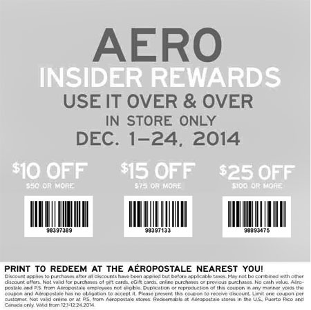 Coupon for: Aeropostale Store - $25 Off $100 Purchase or More