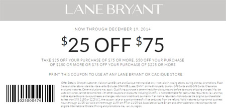 Coupon for: Lane Bryant - $25 Off $75