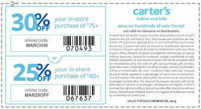 Coupon for: carter's, Save on your entire purchase