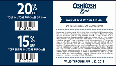 Coupon for: OshKosh B'gosh, Savings up to 20% off purchase