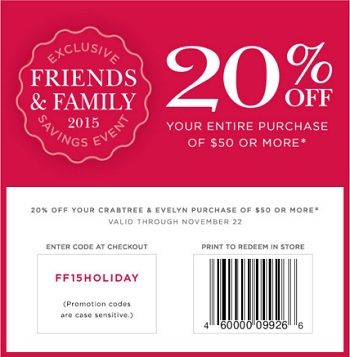 Coupon for: Friends & Family Event at Crabtree & Evelyn stores
