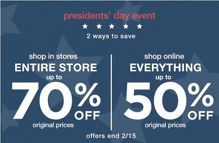 Coupon for: Presidents' Day Sale at Gap Factory locations
