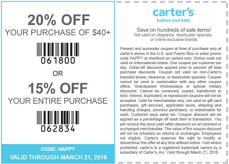Coupon for: carter's printable sale coupon