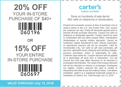 Coupon for: Shop with coupon at carter's stores