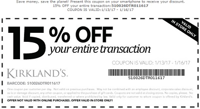 Coupon for: U.S. Kirkland's : Save on your entire purchase
