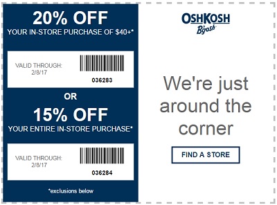 Coupon for: Save up to extra 20% off purchase at OshKosh B'gosh stores