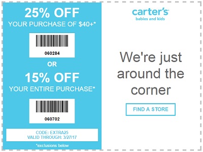 Coupon for: Up to 25% off with printable coupon at U.S. carter's stores