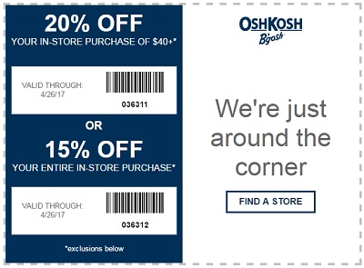 Coupon for: Get OshKosh B'gosh printable coupon: Up to 20% off